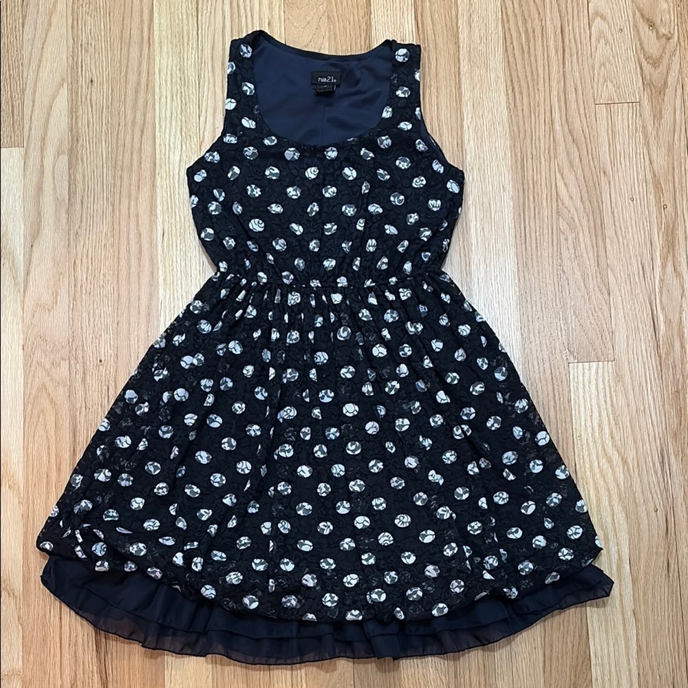 Polka Dot Mini Dress - Navy Blue and White